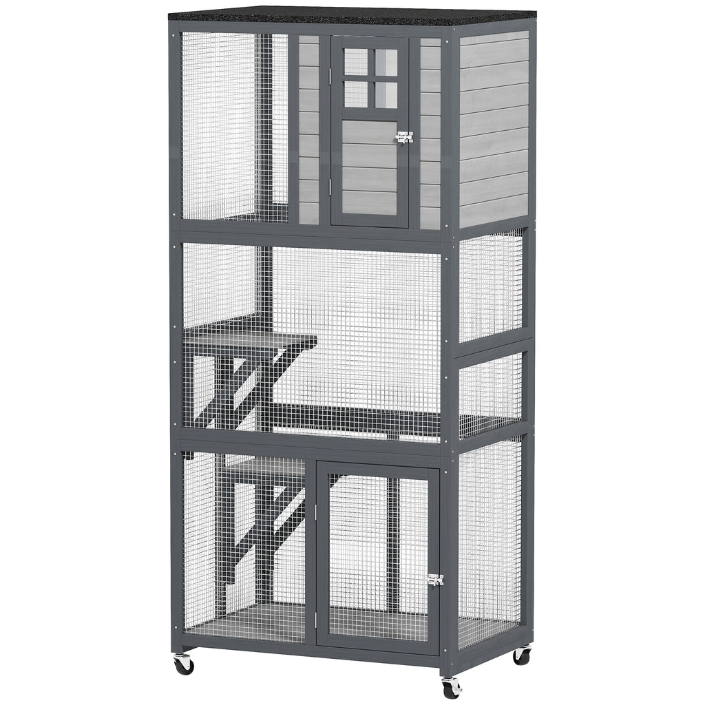 Wooden Outdoor Cat House with Perches and Wheels – Light Gray / 1010x685x305 mm