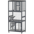 Wooden Outdoor Cat House with Perches and Wheels – Light Gray / 1010x685x305 mm