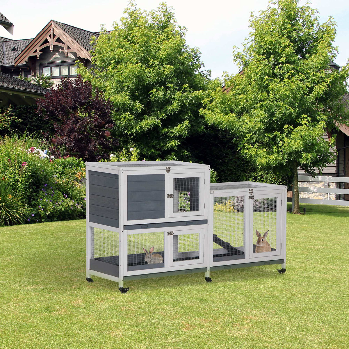 Wooden Rabbit Hutch for Small Animals with Lockable Doors