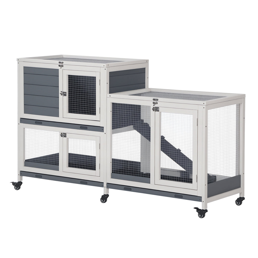Wooden Rabbit Hutch for Small Animals with Lockable Doors – Grey and White / 965x770x205 mm