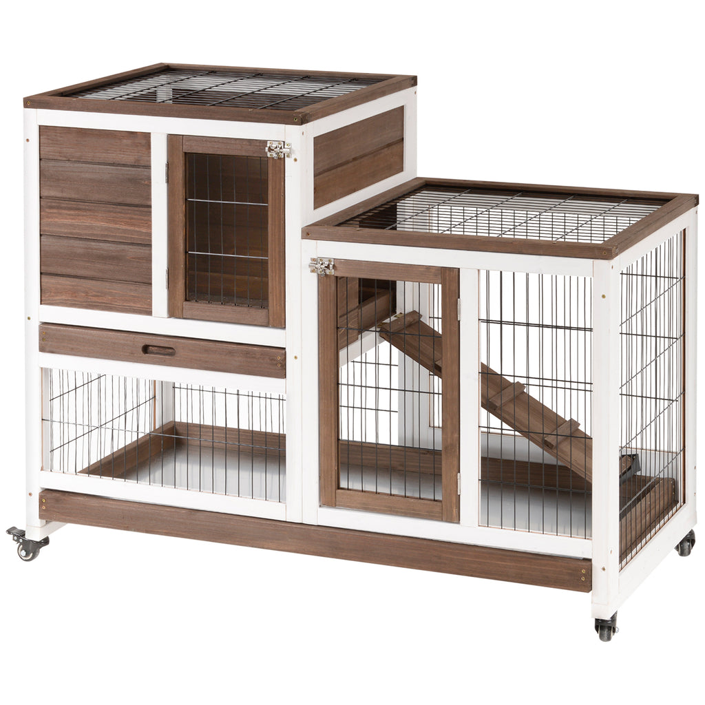Wooden Rabbit Hutch with Enclosed Run and Wheels – Brown / 1105x220x630 mm