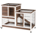 Wooden Rabbit Hutch with Enclosed Run and Wheels – Brown / 1105x220x630 mm