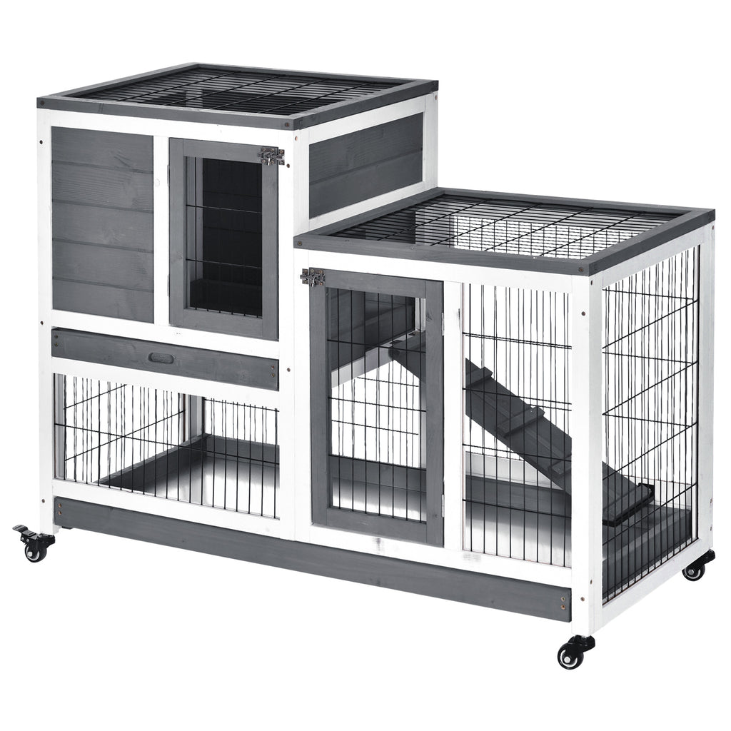 Wooden Rabbit Hutch with Enclosed Run and Wheels – Gray, White / 1105x220x630 mm
