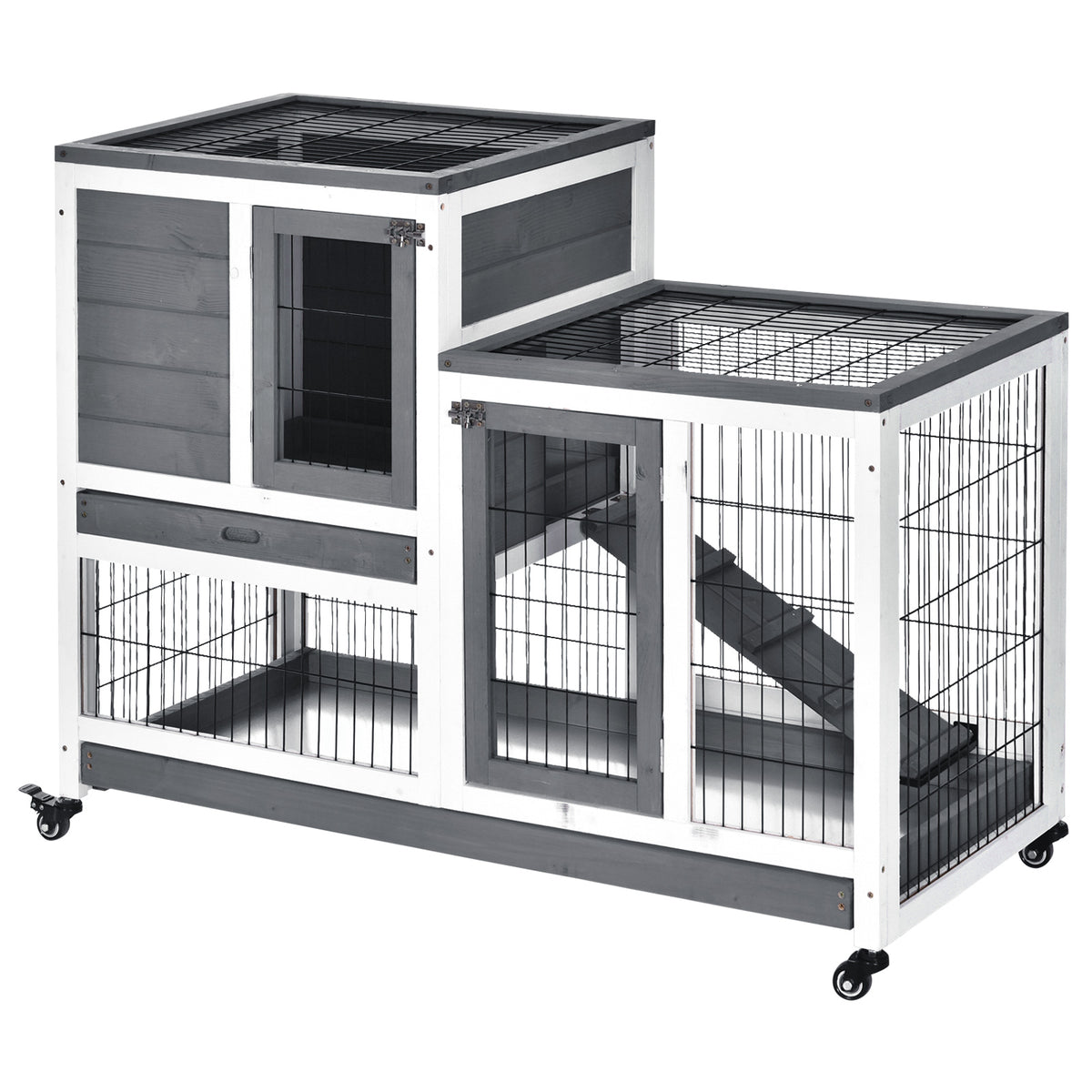 Wooden Rabbit Hutch with Enclosed Run and Wheels – Gray, White / 1105x220x630 mm
