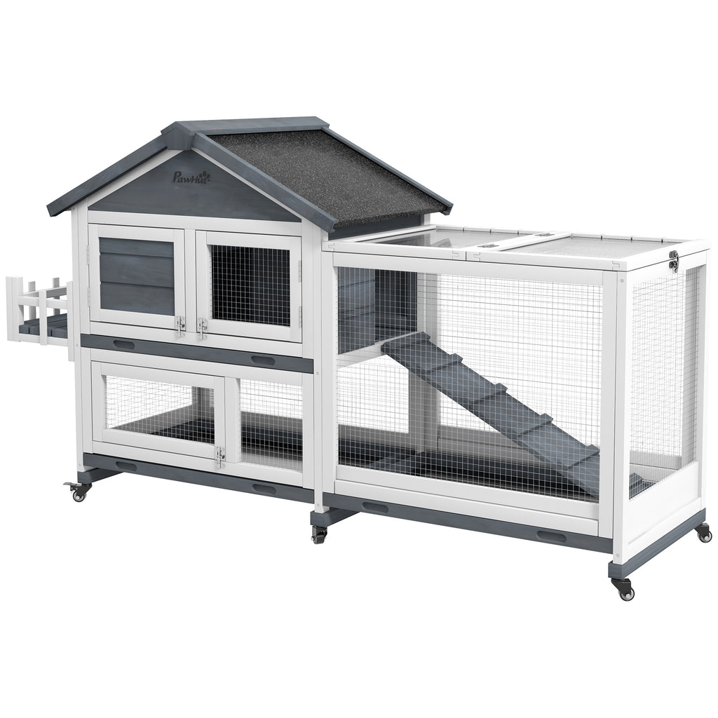 Wooden Rabbit Hutch with Openable Roof & Storage Box – Gray / 970x745x240 mm