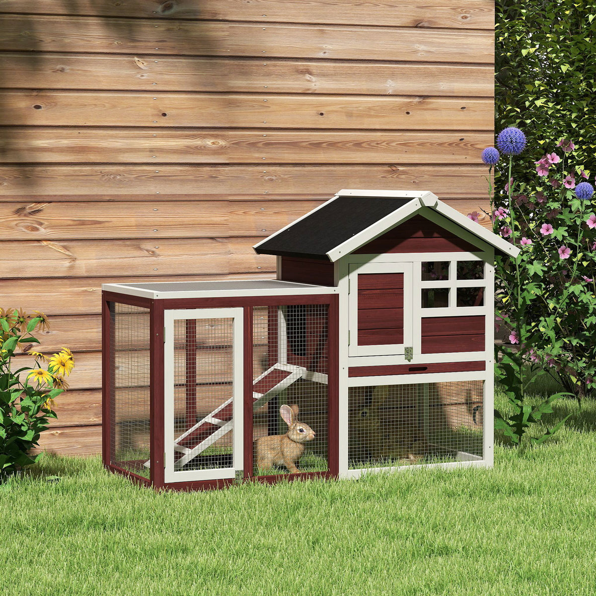 Wooden Rabbit Hutch with Outdoor Run and Removable Tray