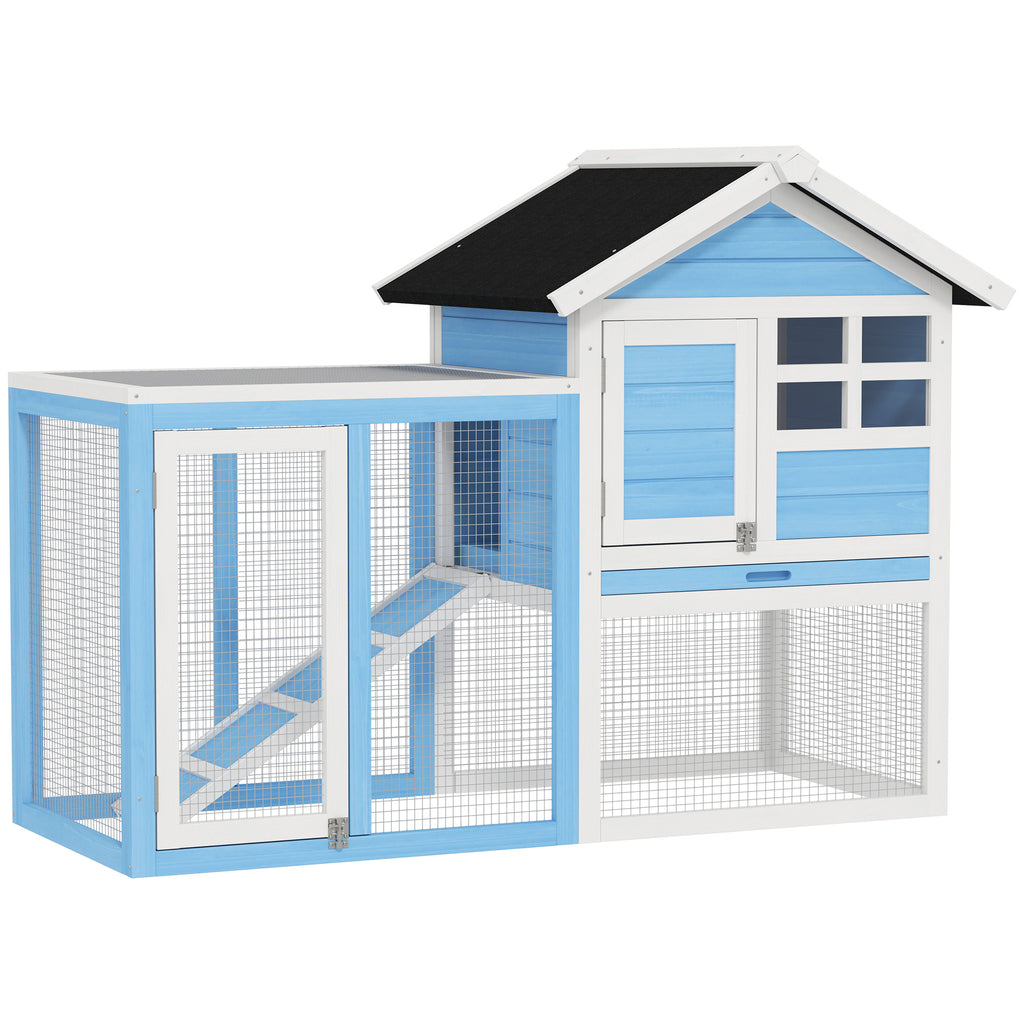 Wooden Rabbit Hutch with Outdoor Run and Removable Tray – Sky Blue / 980x620x200 mm