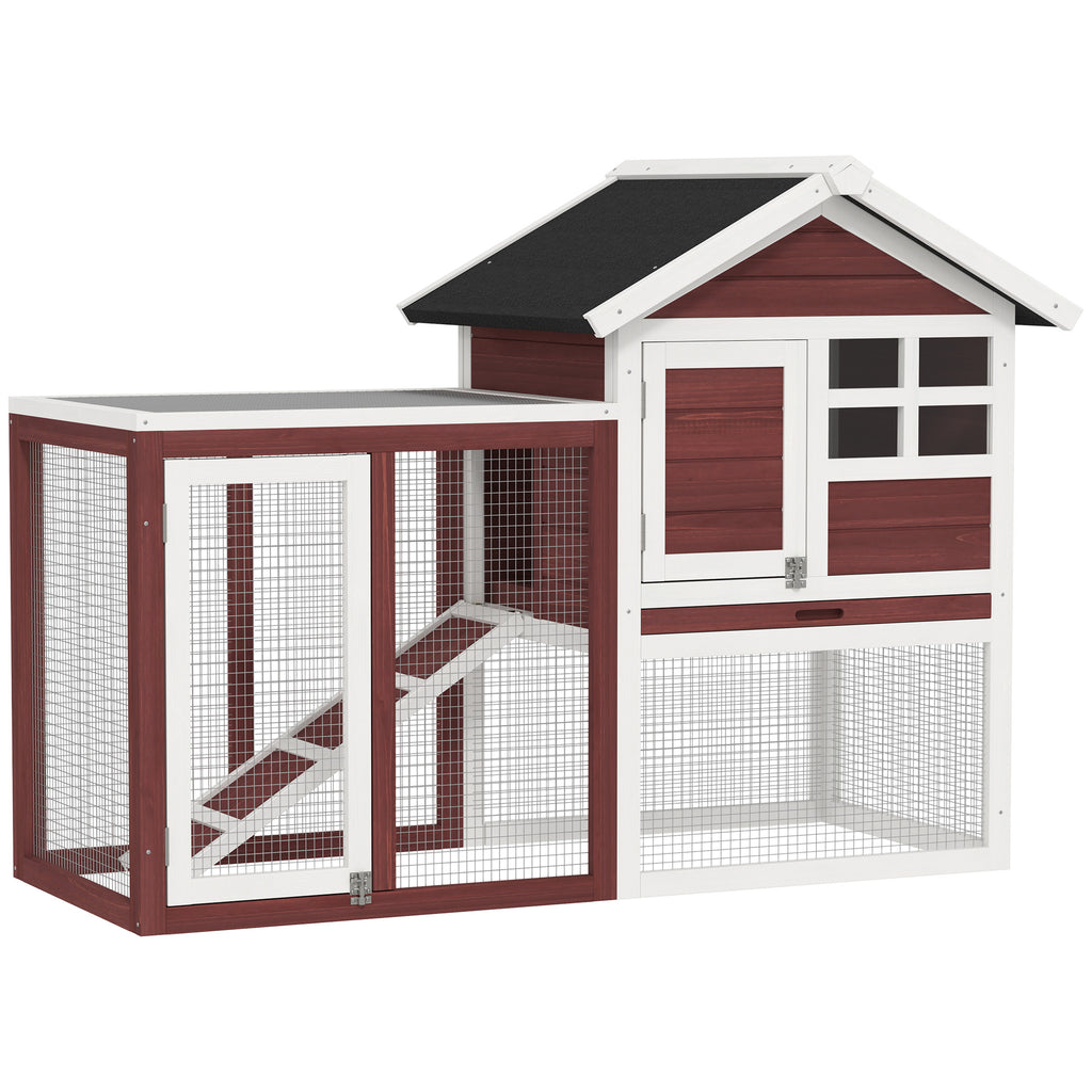 Wooden Rabbit Hutch with Outdoor Run and Removable Tray – Brown and White / 980x620x200 mm