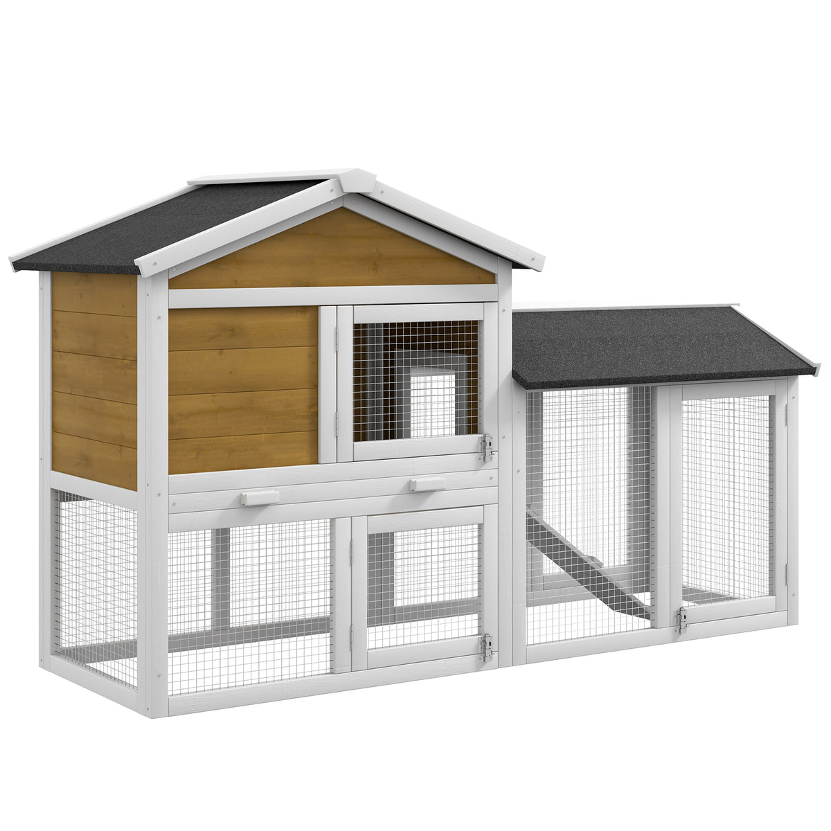 Wooden Rabbit Hutch with Run and Removable Tray – Natural Wood / 885x730x215 mm