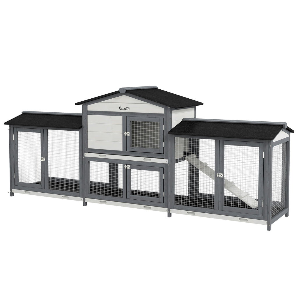 Wooden Rabbit Hutch with Run for Small Animals – Light Gray / 950x760x330 mm