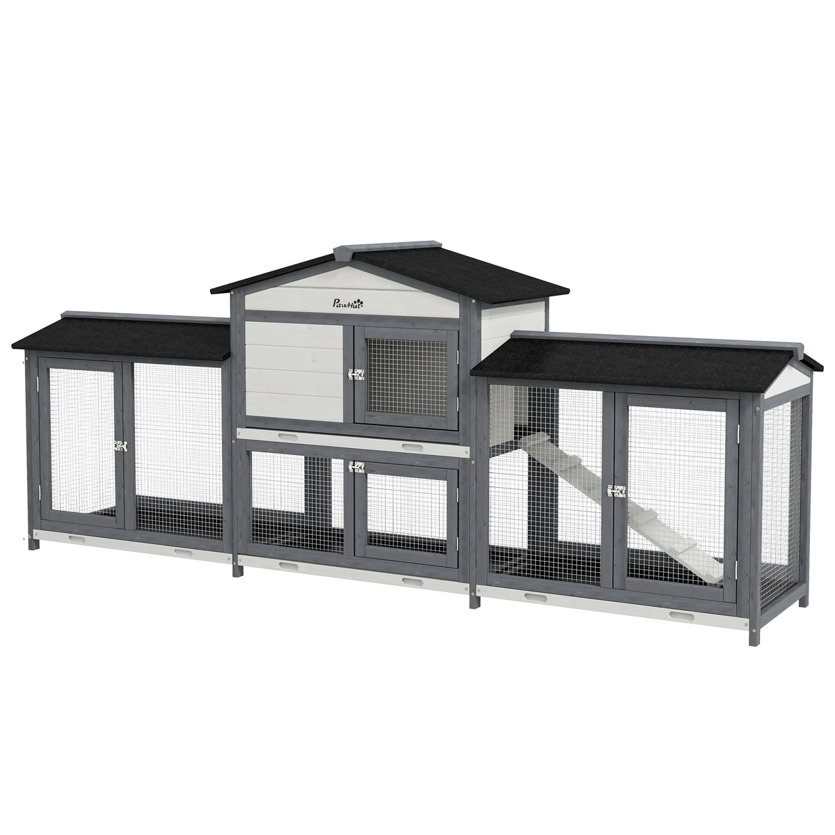 Wooden Rabbit Hutch with Run for Small Animals – Light Gray / 950x760x330 mm