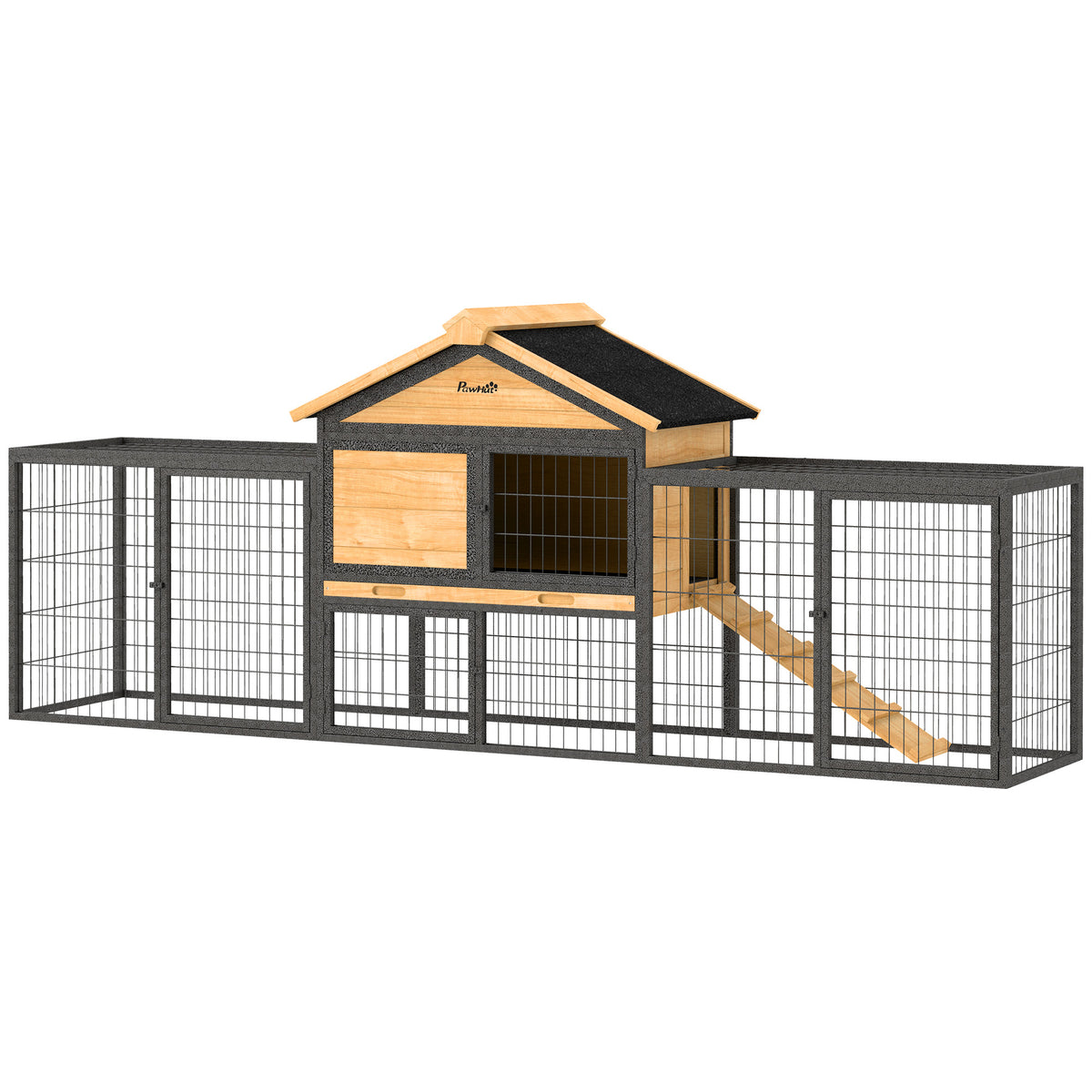 Wooden Rabbit Hutch with Steel Run and Removable Tray – Natural Wood / 960x770x220 mm