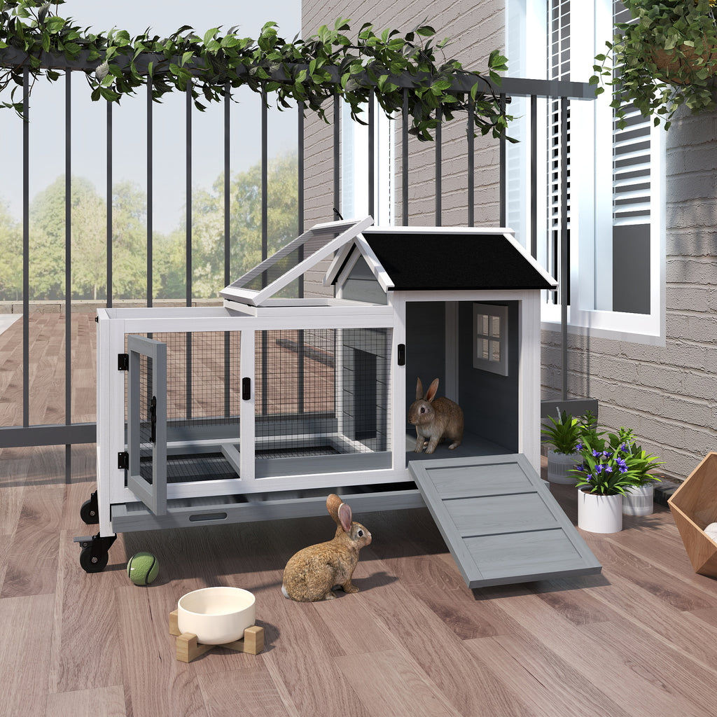 Wooden Rabbit Hutch with Wheels and Slide-out Tray