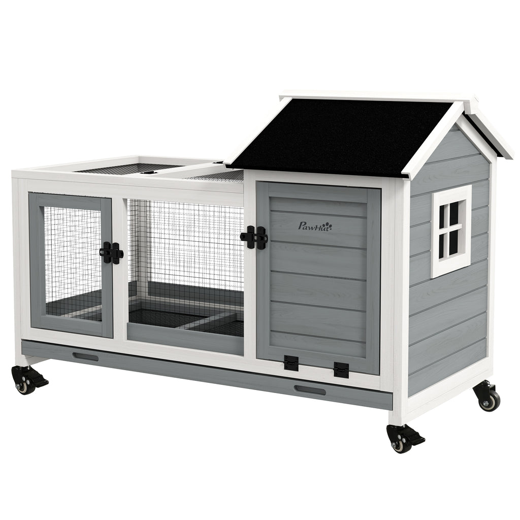Wooden Rabbit Hutch with Wheels and Slide-out Tray – Gray / 1060x555x200 mm